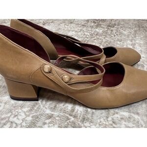 Women's Tan Mary Jane Heeled Boots with Double Strap Detail